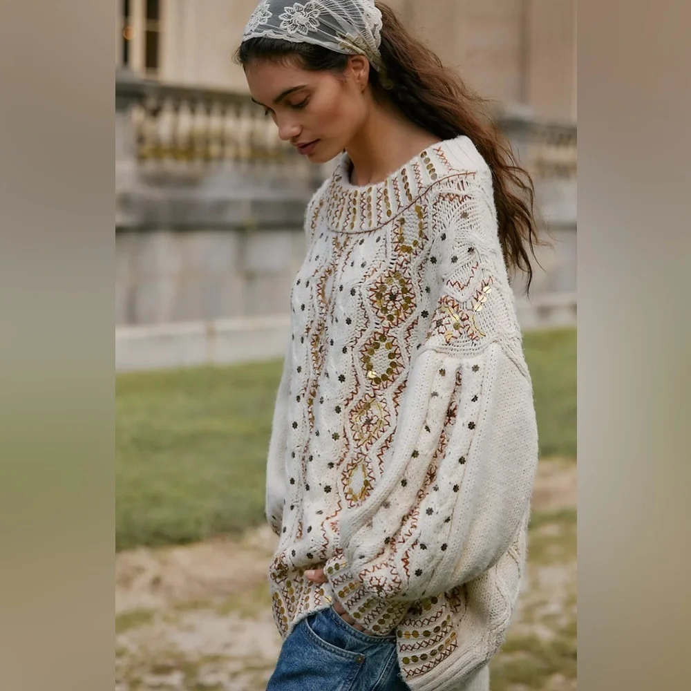 NWT Free People Gilded Cable Embellished Sweater size Small